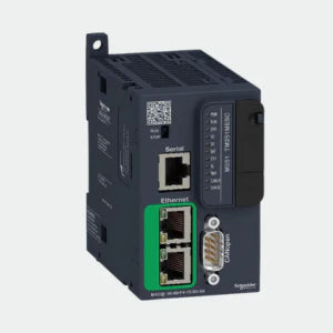 Componentes Schneider Electric para automação industrial, incluindo PLCs, inversores, IHMs e módulos industriais