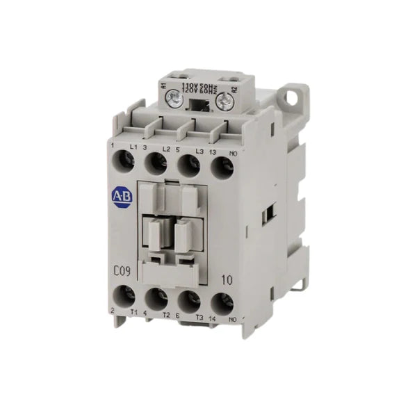 Imagem do contator Allen-Bradley, design compacto, 3-pólos, corrente nominal 9A, com contato auxiliar, pronta entrega.