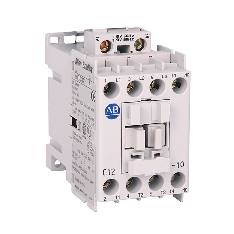 Contator Allen-Bradley 100-C12EJ10, 12A, 600V, controle confiável em sistemas de automação industrial.
