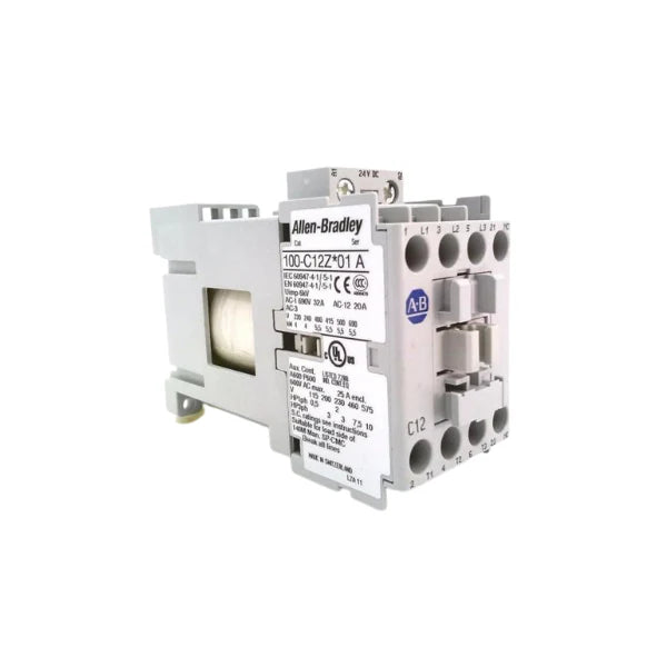 Contator compacto Allen-Bradley 100-C12ZJ01, 12A, 1NO e 1NC, bobina 24V AC, tipo aberto, pronto para envio.