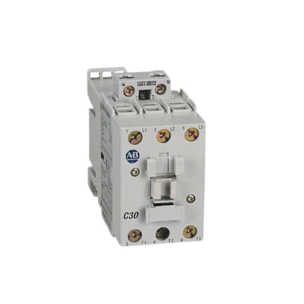 Contator IEC Allen-Bradley 100-C30EJ10, 3 polos, bobina 24V DC, contato auxiliar, construção robusta e design compacto.