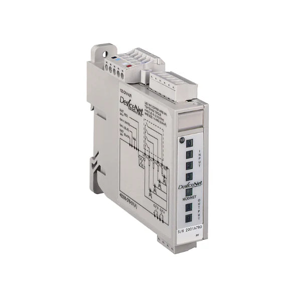 Módulo Allen-Bradley 100-DNY42R. 4 entradas 24V DC, 2 saídas de relé 250V AC para sistemas DeviceNet.