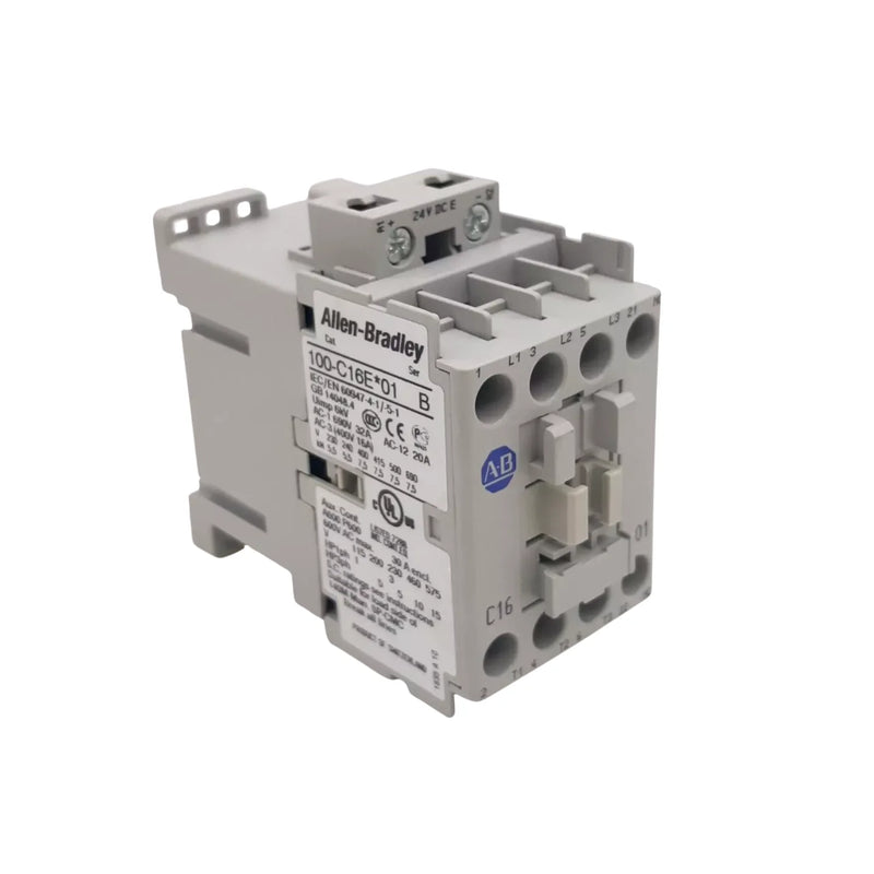 Contator Allen-Bradley 100-C16EJ01 16A, bobina eletrônica 24V, design compacto para automação industrial.