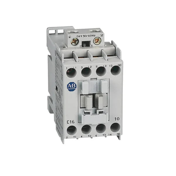 Contator Allen-Bradley 100-C16EJ10, 16A, bobina 24V DC, N.O., terminais parafuso para uso industrial.