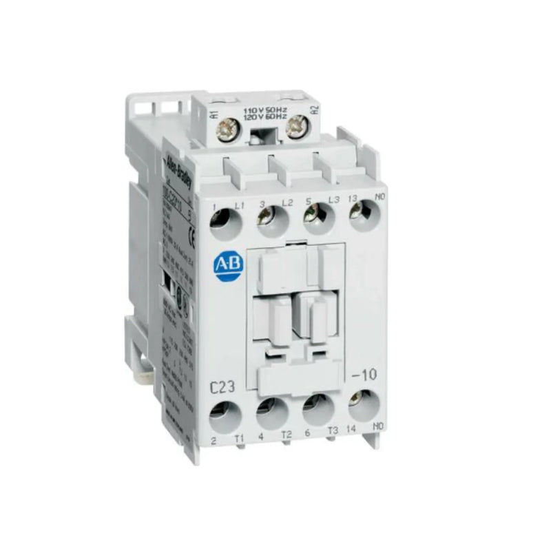 Contator Allen-Bradley 100-C23KJ10 com 23A, 24V AC e 1 N.O. Destacado para eficiência.