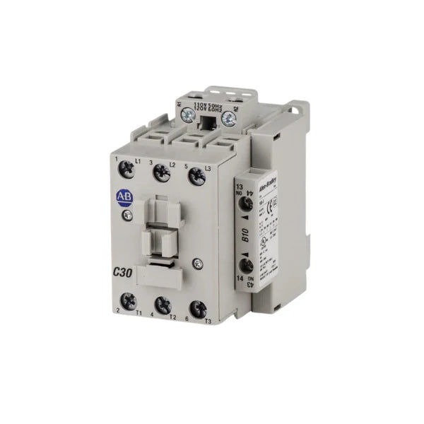 Contator 100-C37D10 Allen-Bradley 37A, 3 polos, 110V 50Hz, 120V 60Hz, com contato auxiliar N.O. e terminais de parafuso.