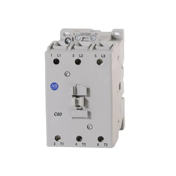Contator Allen-Bradley 100-C60D00 com 3 polos, 60A, bobina 110V ou 120V para sistemas industriais trifásicos.