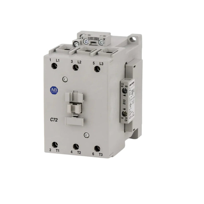 Contator Allen-Bradley 100-C72D10 com corrente de 72A, design de 3 polos e 1 contato auxiliar normalmente aberto