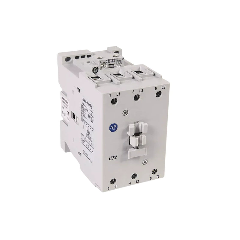 Contator Allen-Bradley 100-C72DJ10, 72A, 3 polos, bobina 24V DC com diodo, contato auxiliar, terminais de parafuso.