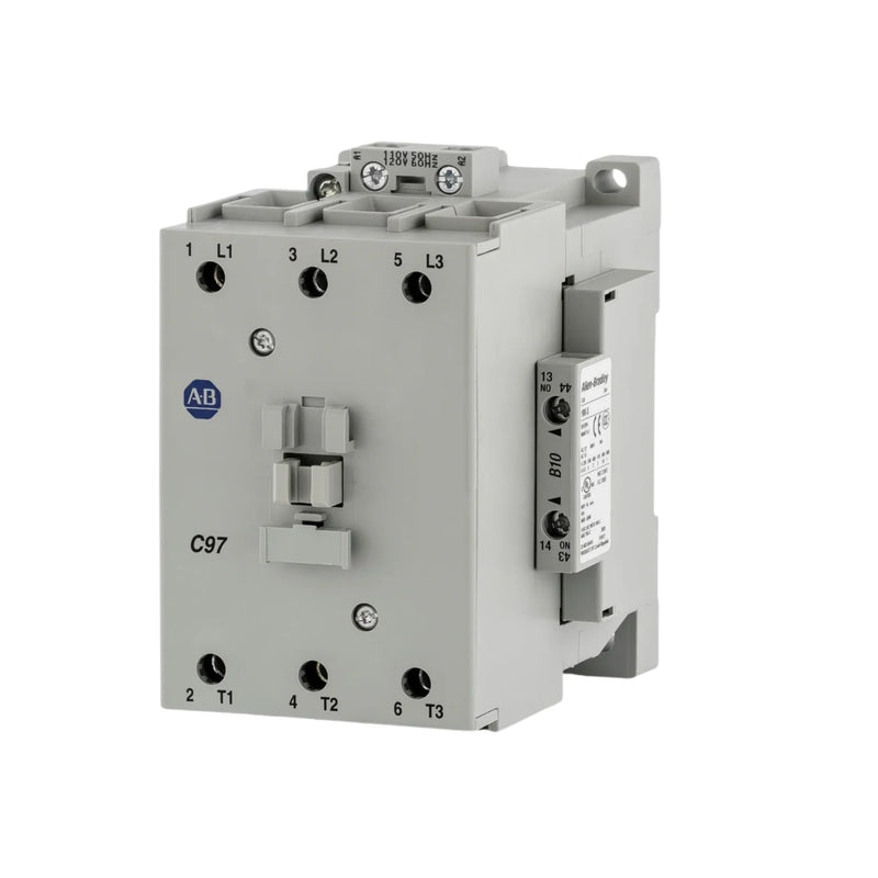 Contator Allen-Bradley 100-C97D10, 3 polos, corrente 97A, bobina 110V 50Hz, contato N.O., terminais de parafuso.