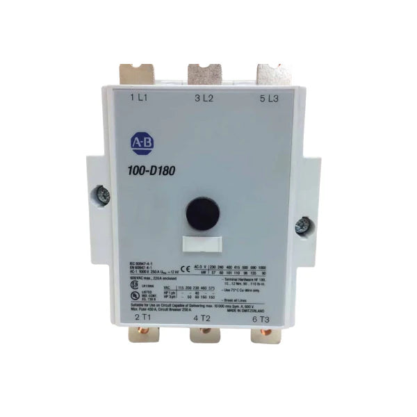 Contator 3-polos Allen-Bradley 100-D180D11, corrente 180A, bobina dupla 110/120V AC, aplicações industriais.