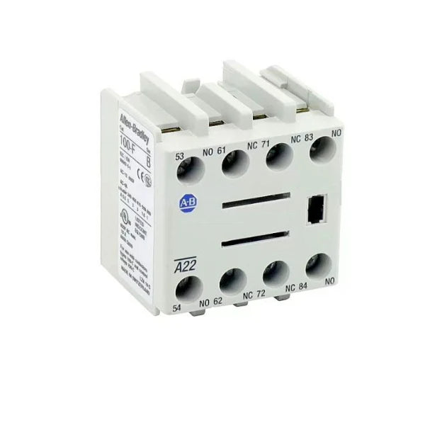 Bloco Auxiliar Allen-Bradley 100-FA40 com 4 contatos N.O. e montagem frontal, ideal para automação industrial.