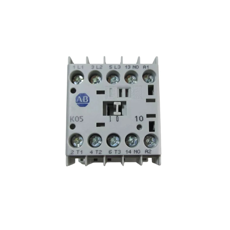Contator miniatura Allen-Bradley, 3 polos, 9A, com contatos principais N.O. e contato auxiliar, para aplicações industriais.