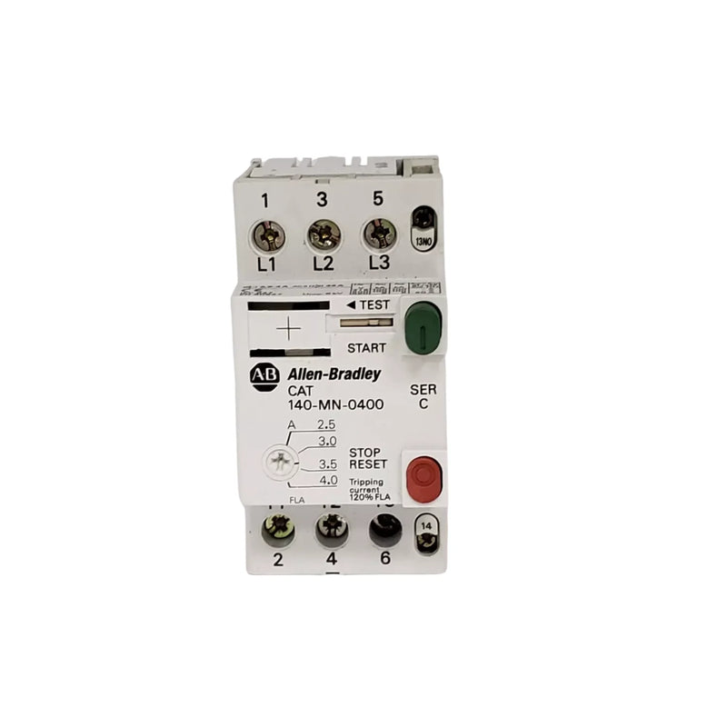Disjuntor manual Allen-Bradley 140-MN-0400, compacto e industrial para proteção de motores.