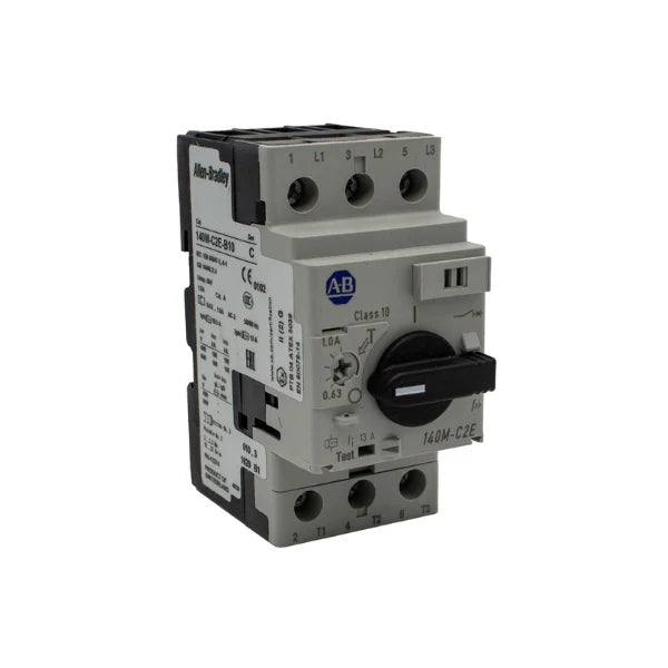 Disjuntor Allen-Bradley 140M-C2E-B10 para proteção e controle de motores industriais com design compacto.