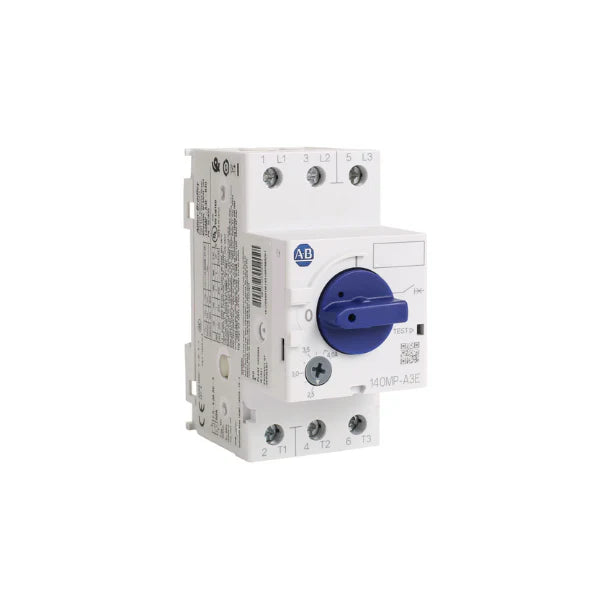 Disjuntor de motor Allen-Bradley 140MP-A3E-B40 com proteção térmica ajustável e magnética fixa, estrutura compacta.