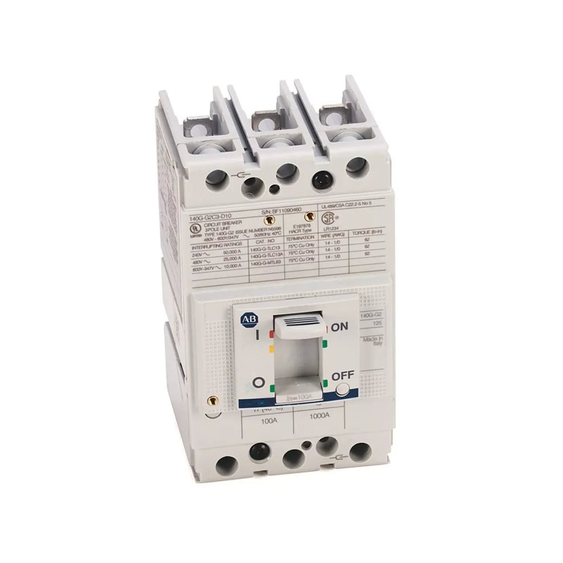 Disjuntor Allen-Bradley 140G, 100A, caixa moldada, proteção térmica-magnética, alta capacidade de interrupção.