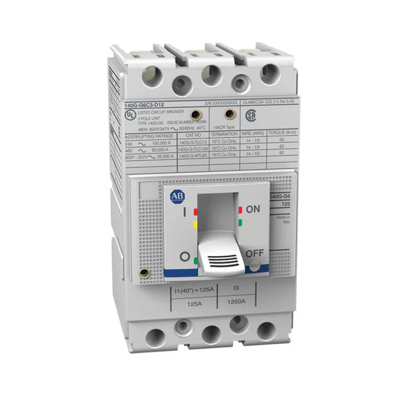 Disjuntor de caixa moldada Allen-Bradley 140G-G6C3-D12, 3 polos, 125A, 65 kA, quadro G, proteção termo-magnética.