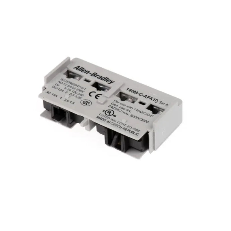 Bloco de contato auxiliar Allen-Bradley 140M-C-AFA10 com design frontal e 1 contato normalmente aberto.
