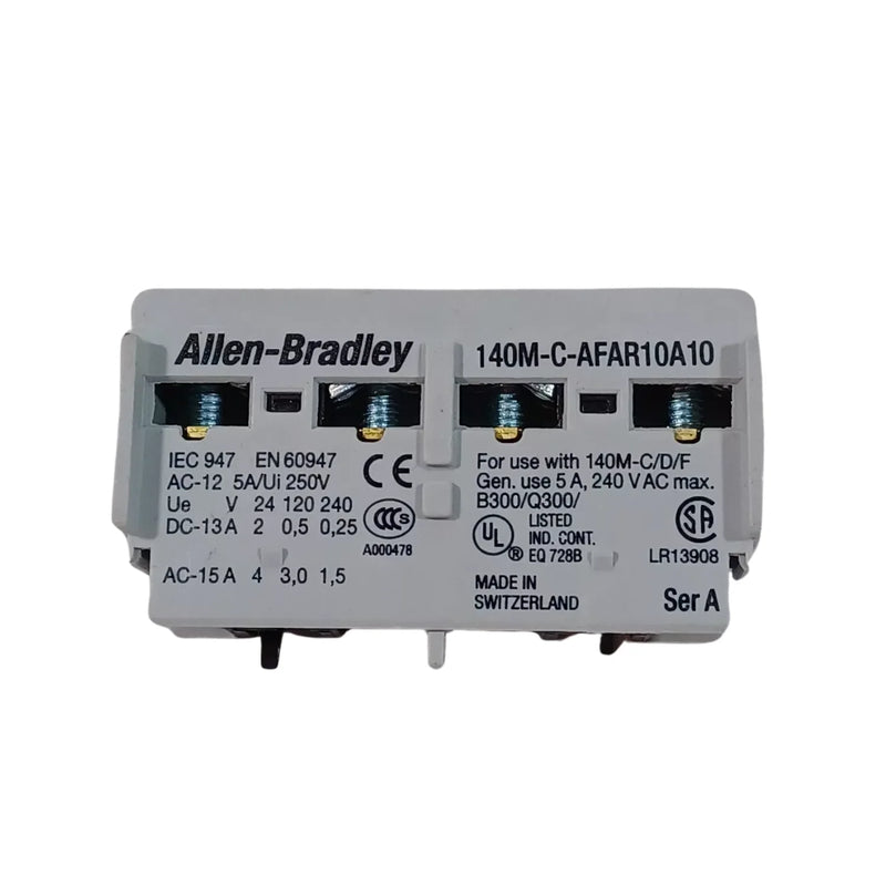 Contato auxiliar Allen-Bradley 140M-C-AFAR10A10 para disjuntores C, RC, D, F, com indicação de disparo e montagem frontal.