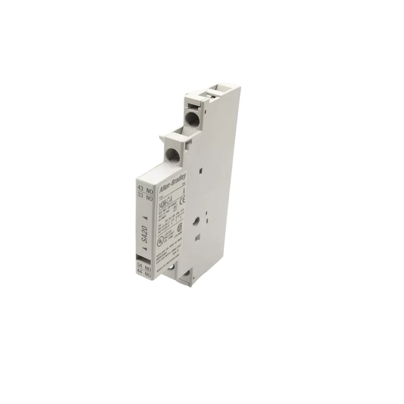 Bloco de contato auxiliar Allen-Bradley, 2 contatos N.O., instalação lateral direita, ideal para proteção de motores.