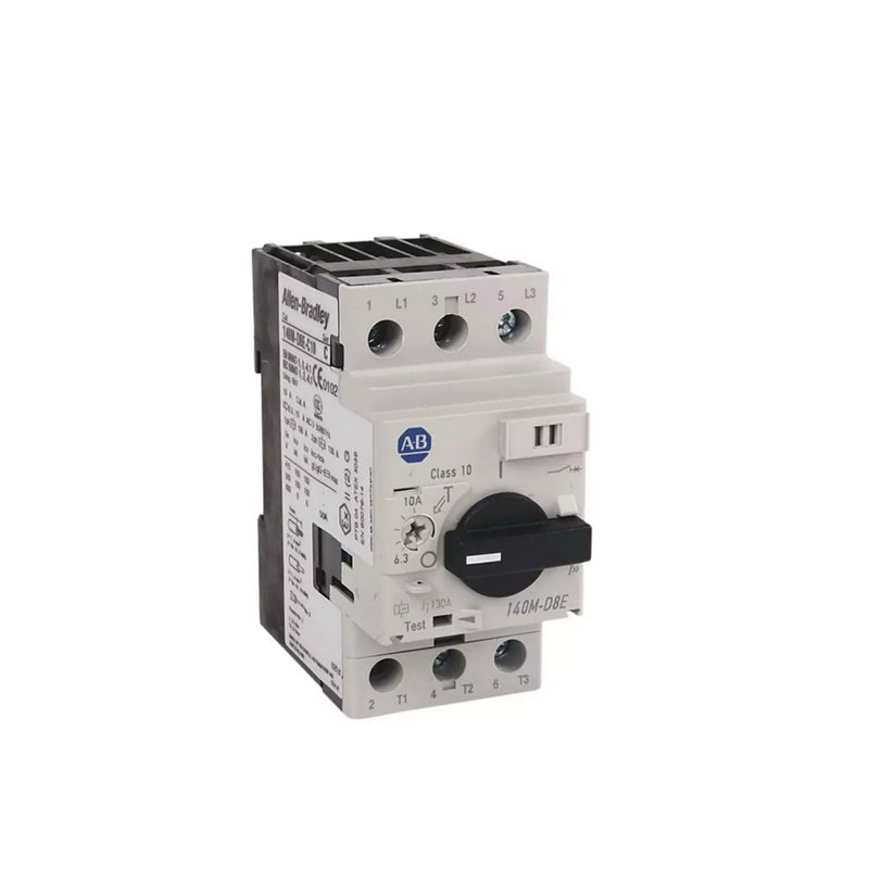 Disjuntor de motor Allen-Bradley 140M-D8E-C10 com proteção ajustável e alta capacidade de interrupção, usado na indústria.