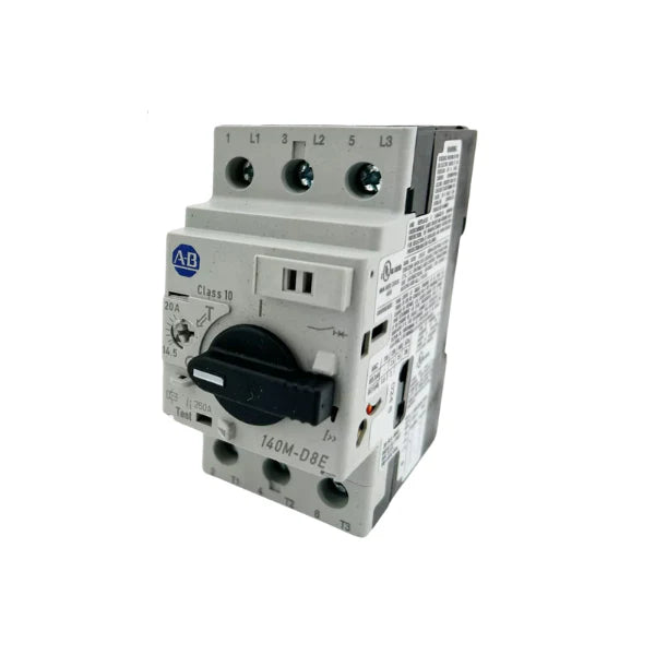 Disjuntor Allen-Bradley 140M-D8E-C20 com proteção confiável para motores, faixa de corrente ajustável e alta capacidade de interrupção.