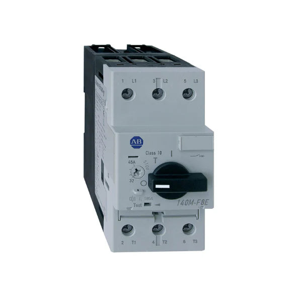 Disjuntor de Motor Allen-Bradley 140M-F8E-C32, proteção em faixa de 23-32 A, disparo magnético 13 x Ie, design compacto.