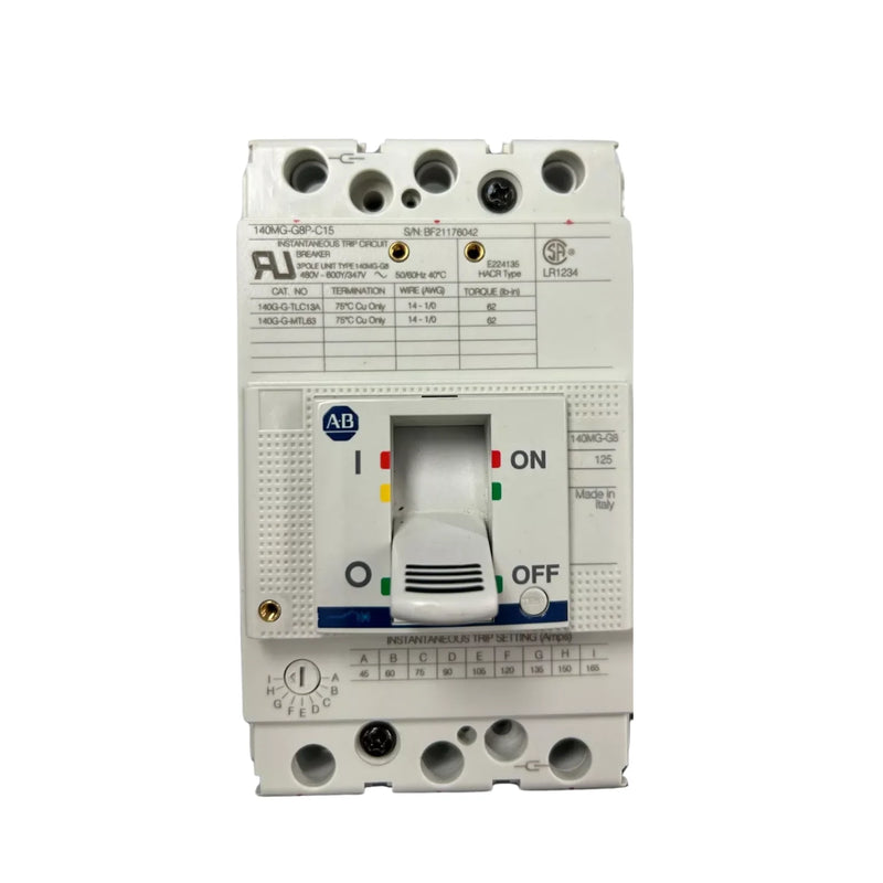Protetor de circuito de motor Allen-Bradley 140MG-G8P-C15 para proteção de motores industriais.