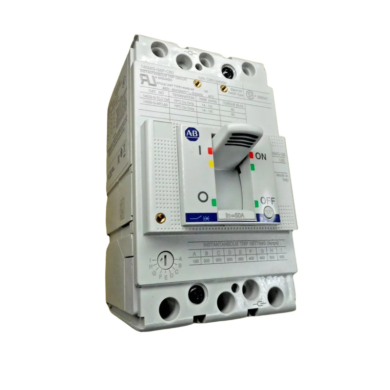 Protetor de Circuito de Proteção de Motor Allen-Bradley 140MG-G8P-C50 50A com capacidade de 35-65kA a 480V.