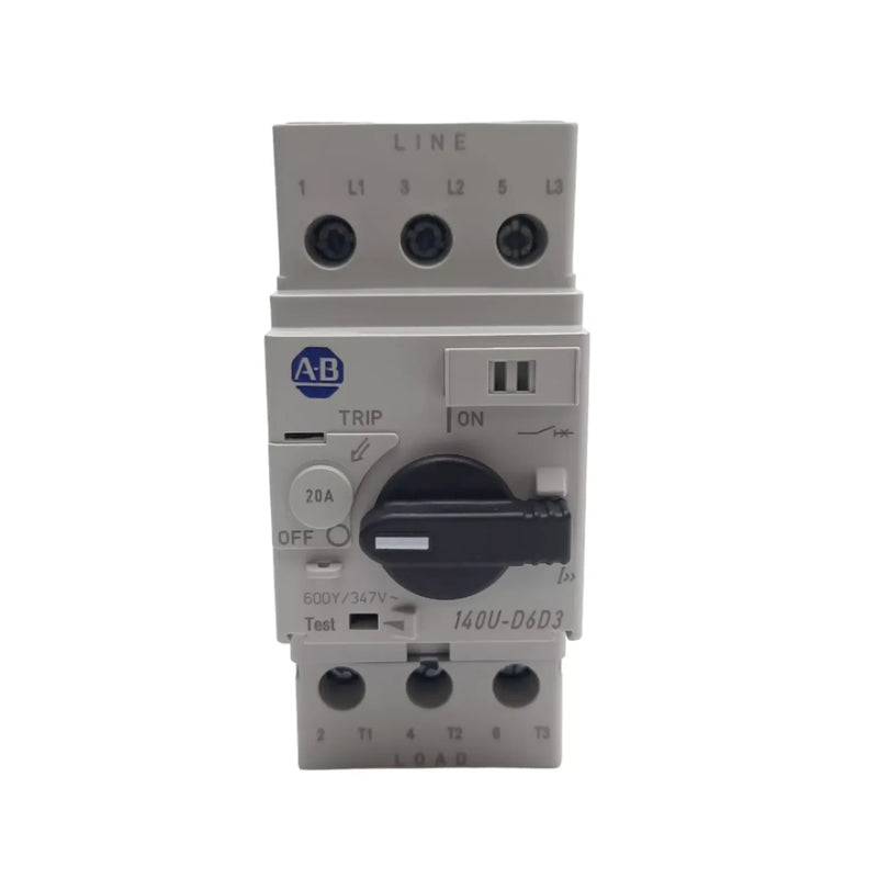 Disjuntor Allen-Bradley 140U-D6D3-C20, 20A, 3 polos, alta proteção industrial, estrutura D, capacidade 60-69kA.