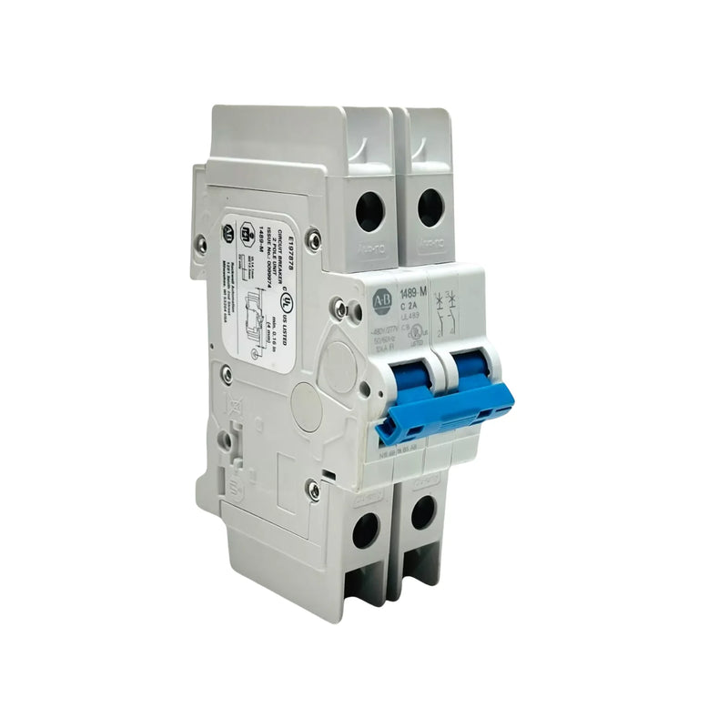Disjuntor Allen-Bradley 1489-M2C020, 2 polos, 2A, 240V AC/48V DC, Curva C, ideal para proteção industrial.
