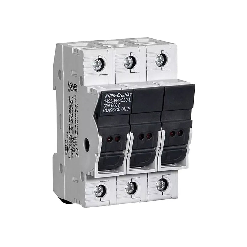 Porta-fusível Allen Bradley 1492-FB3C30-L de 3 pólos para Classe CC, 30A, 600V, com indicador LED de fusível queimado.