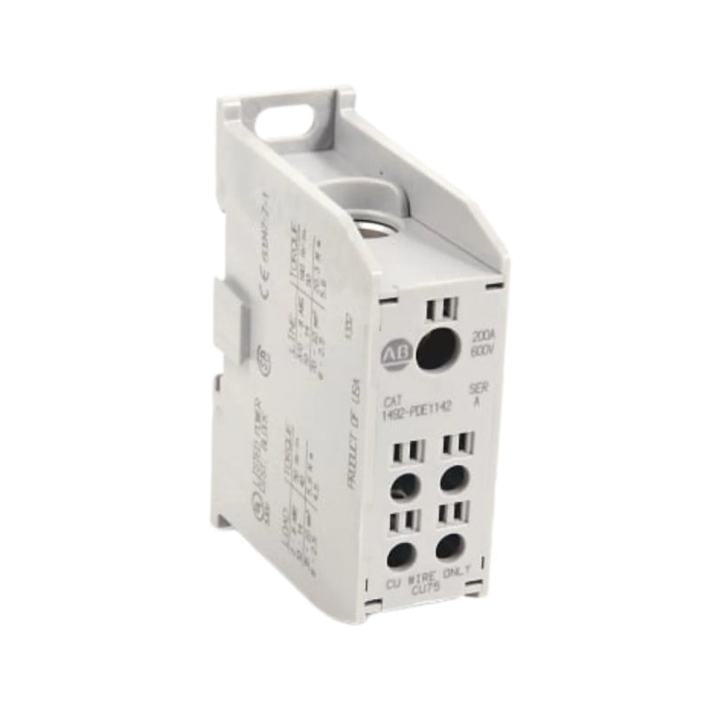Bloco de distribuição de energia enclausurado Allen-Bradley 1492-PDE1142 em alumínio com design de 1 polo e aberturas.