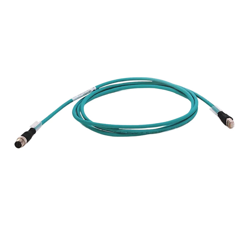 Cabo Ethernet industrial Allen-Bradley 1585D-M4TBJM-2 com M12 e RJ45, 2 metros e capa verde-azulada TPE.