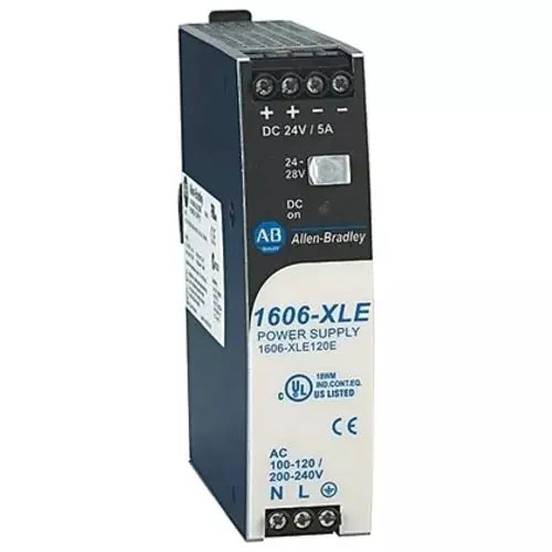Fonte Allen-Bradley 1606-XLE120E 120W, trilho DIN, saída 24–28V DC, 5A, entrada monofásica 120/230V AC, módulo compacto.