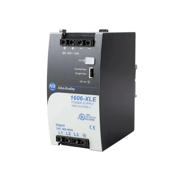 Fonte de alimentação para trilho DIN, 240W, entrada trifásica, saída 24V DC, compacta e eficiente para automação industrial.