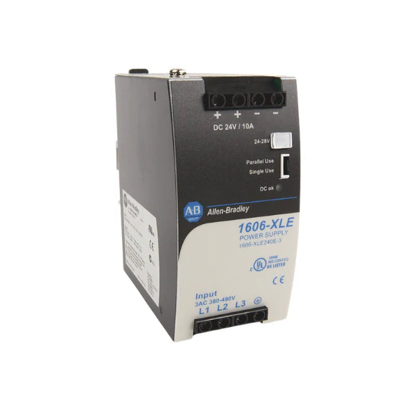 Fonte de alimentação Allen-Bradley 1606-XLE240EN, 240W, 24VDC, montagem compacta em trilho DIN para automação industrial.