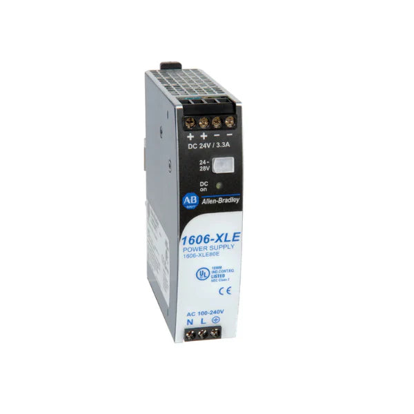 Fonte de alimentação trilho DIN, 80W, saída 24V DC, entrada monofásica, série XLE compacta para painéis industriais.