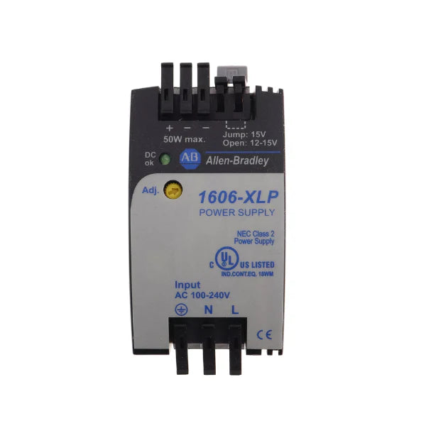 Fonte de Alimentação Compacta Allen-Bradley 1606-XLP50B DIN rail 12-15V DC, 4.2A, 50W, com ajuste para sistemas de automação.