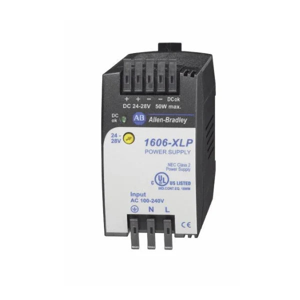 Fonte Allen-Bradley 1606-XLP50E, 24-28V DC, suporte montagem DIN, alta eficiência, pronta entrega no Brasil.