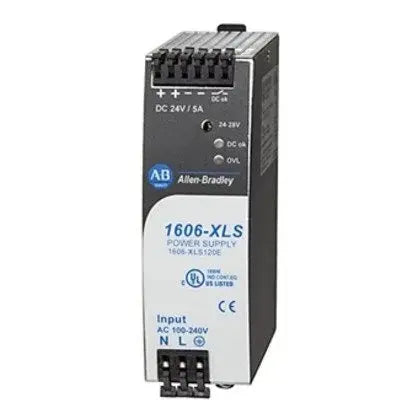 Fonte Allen-Bradley 1606-XLS120E 120W, saída 24–28V DC, entrada 120/230V AC, montagem trilho DIN, compacta e eficiente.