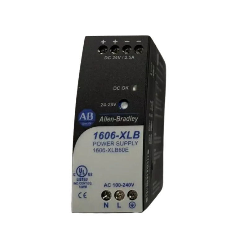 Fonte de alimentação compacta Allen-Bradley 1606-XLB60E com 24-28V DC para automação industrial e sistemas de controle.