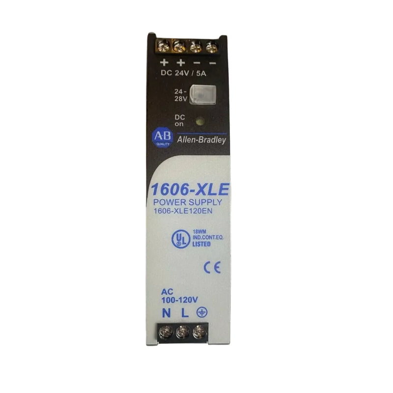Fonte de alimentação Allen-Bradley 1606-XLE120EN com saída DC ajustável de 24-28V e corrente de 5A.