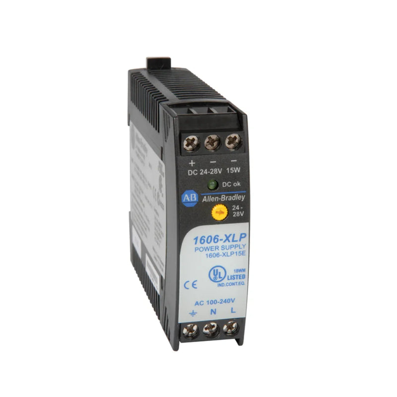 Fonte de Alimentação Compacta Allen-Bradley 1606-XLP15E para aplicações industriais, tensão ajustável, montagem em trilho.