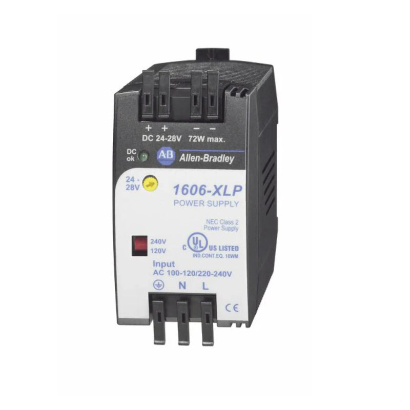 Fonte de alimentação compacta Allen-Bradley 1606-XLP72E 24-28V DC, 72W, entrada 120/230V AC, montagem em trilho DIN.