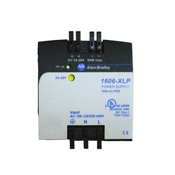 Fonte de alimentação Allen-Bradley 1606-XLP95E, saída 24-28V DC, potência 95W, entrada 120/230V AC, design compacto.