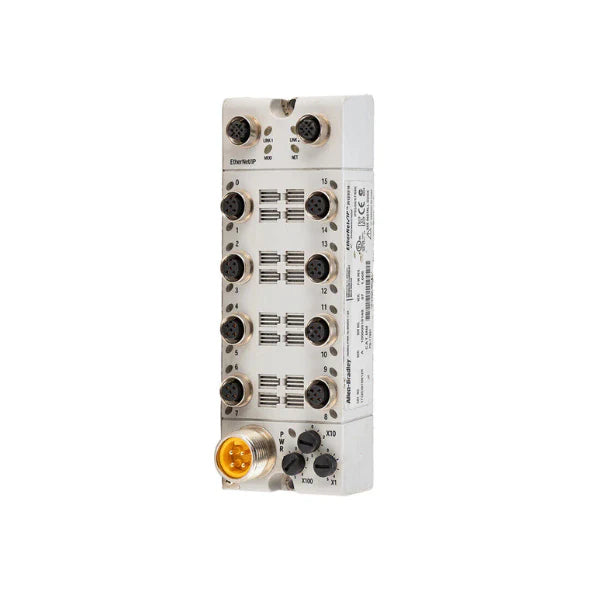 Módulo I/O Allen-Bradley com conectores M12 robustos para uso industrial em portas duplas.