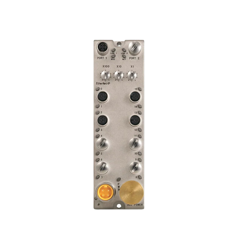 Módulo compacto Allen-Bradley 1732E para redes Ethernet/IP e aplicações industriais.