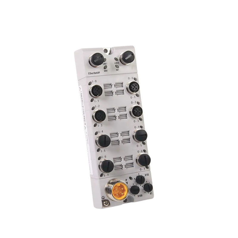 Módulo de entrada Allen Bradley 1732E-IB16M12DR com conectores DC Micro e portas Ethernet duplas para automação.